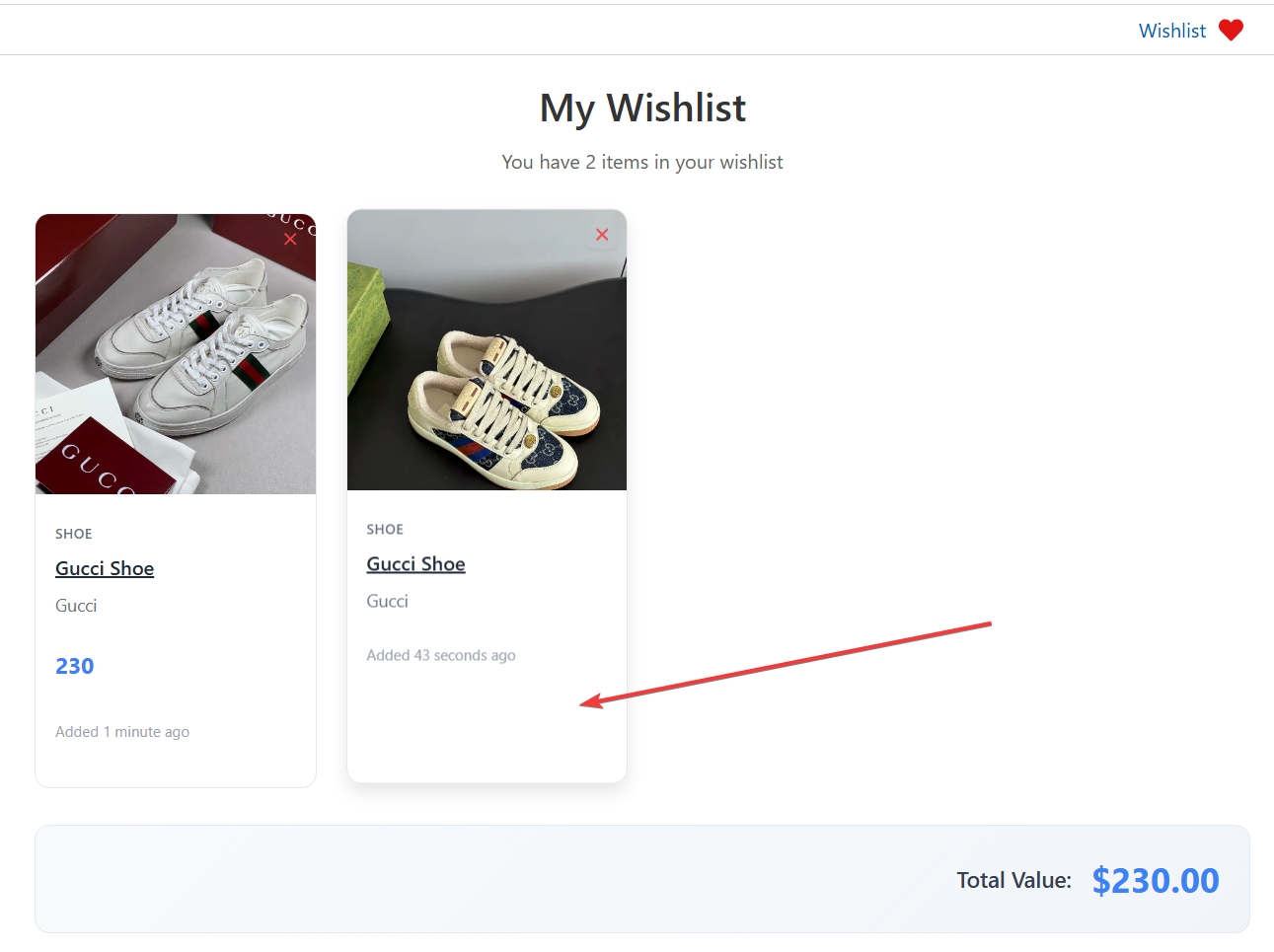 Wishlist page displaying multiple items with total price
