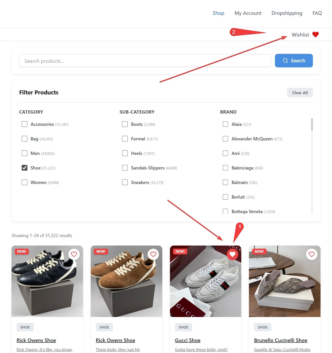 Product page showing heart icon to add to wishlist